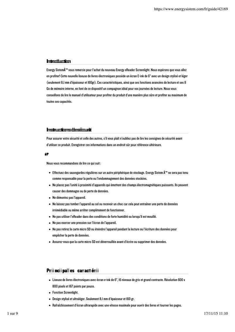 Page 1 de la notice Manuel utilisateur Energy Sistem eReader Screenlight