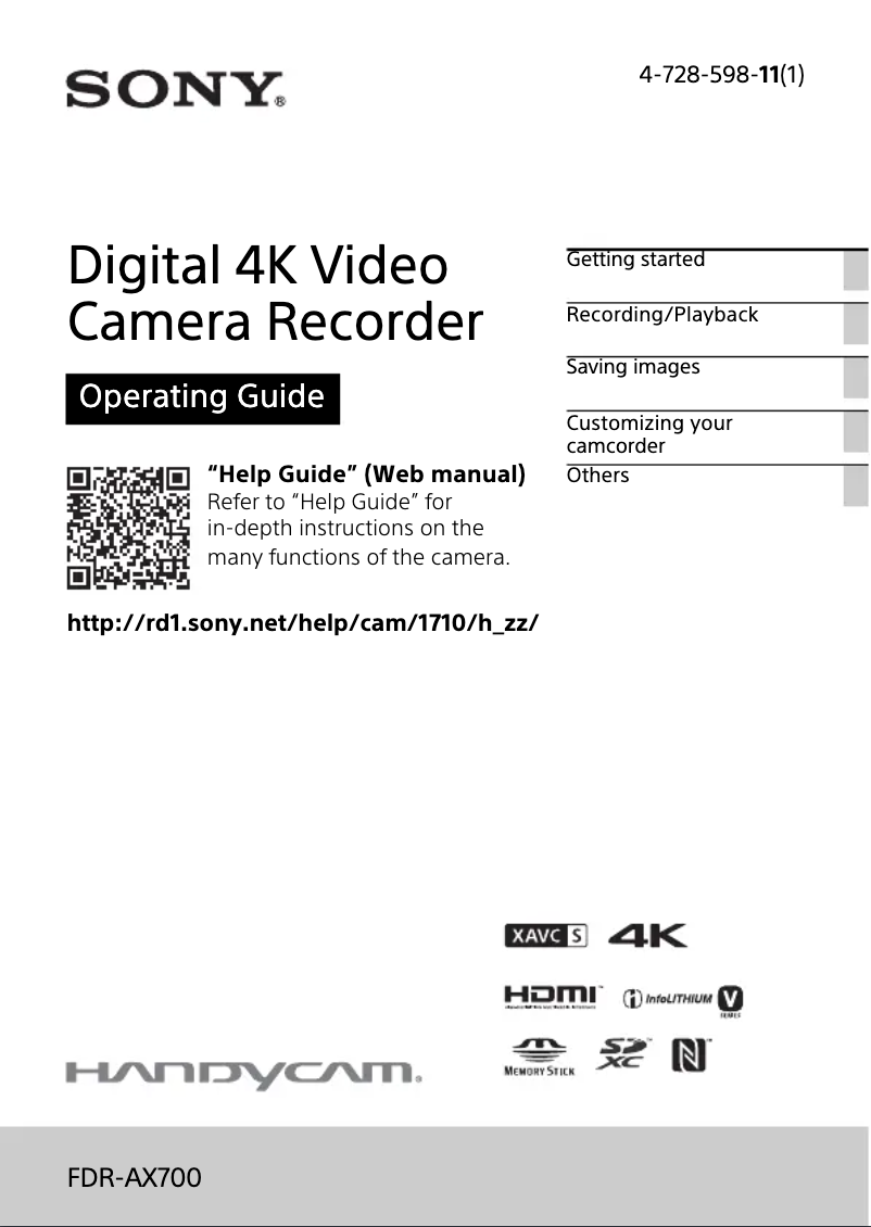 Page 1 de la notice Manuel utilisateur Sony Handycam FDR-AX700