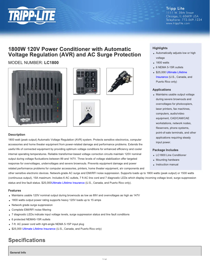 Page n°1 - Manuel utilisateur Tripp Lite 1800W 120V Power Conditioner / AVR / Surge Protection