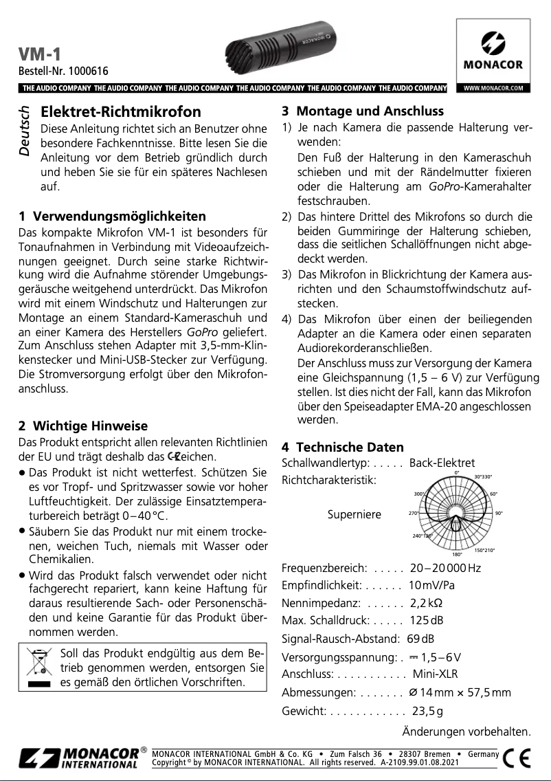 Page n°1 - Manuel utilisateur Monacor VM-1