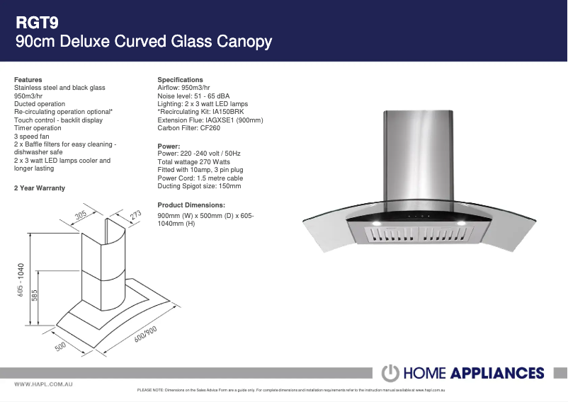 Page 1 de la notice Fiche technique ARC RGT9