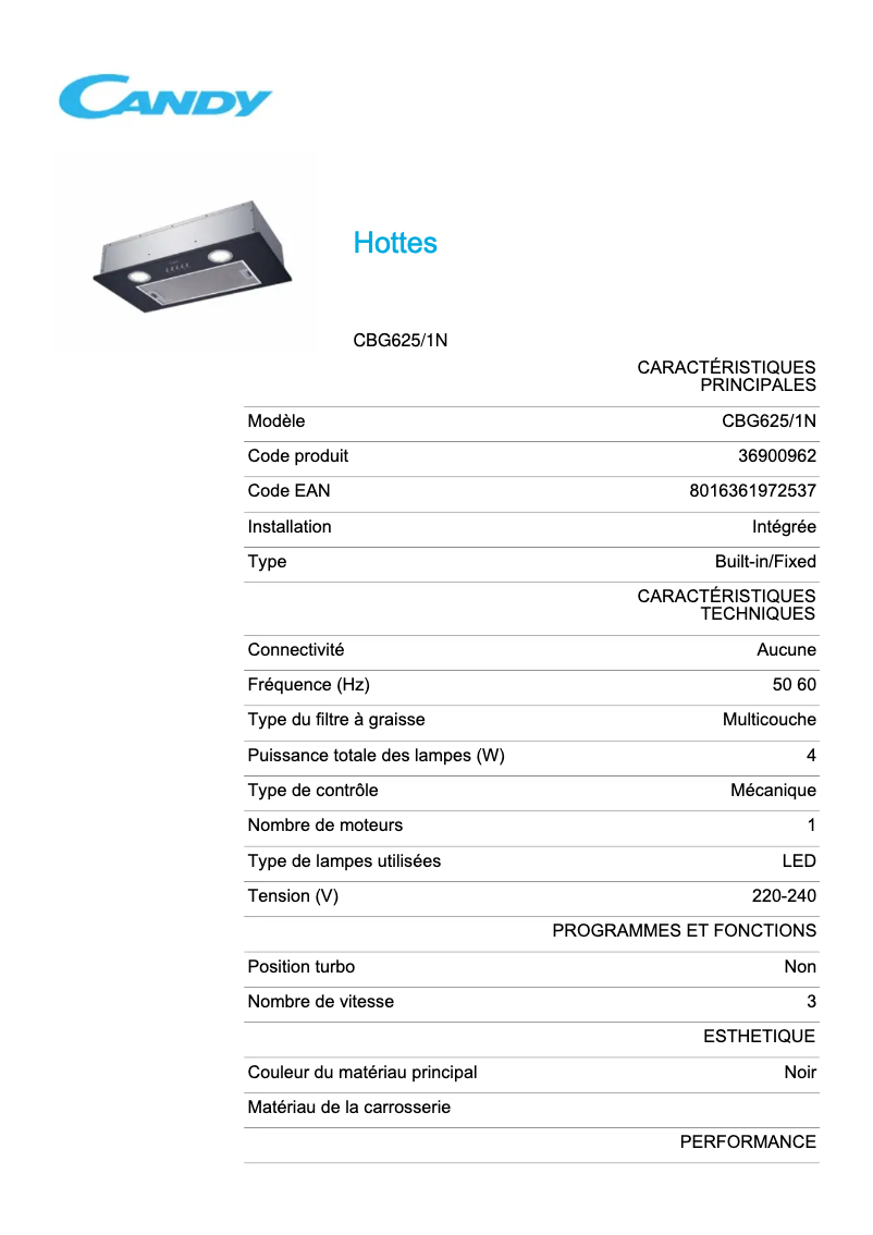 Page 1 de la notice Fiche technique Candy CBG625/1N