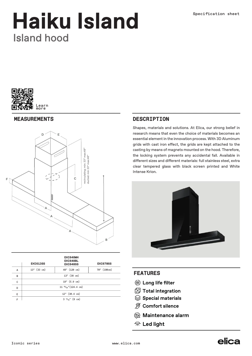 Page 1 de la notice Fiche technique Elica Haiku Island EHI670SS