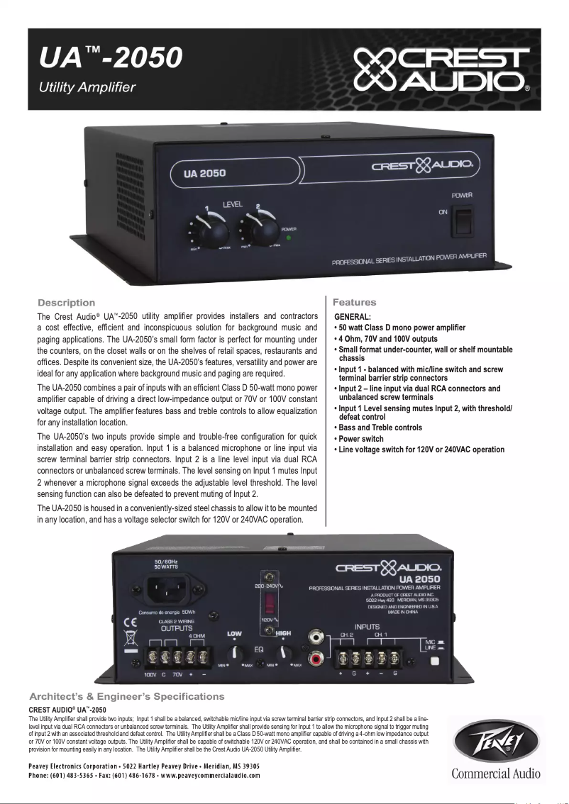 Page 1 de la notice Fiche technique Crest Audio UA 2050