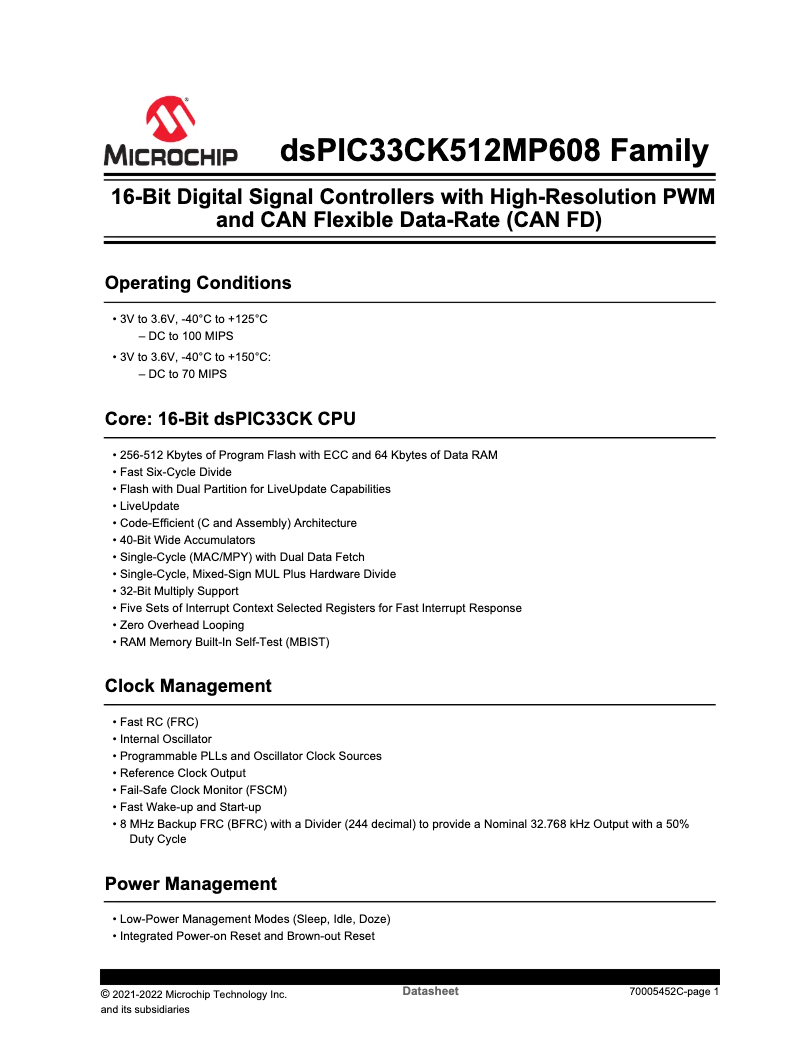 Página 1 del manual Ficha técnica Microchip dsPIC33CK256MP606