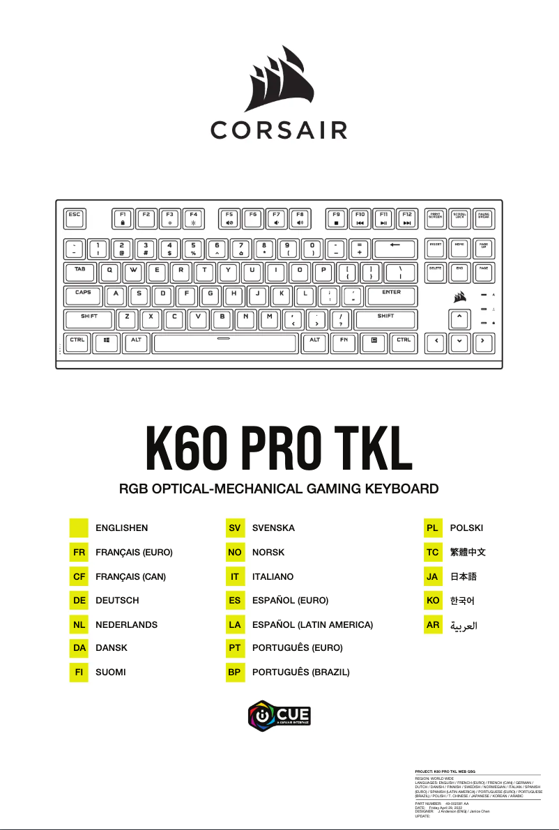 Page 1 de la notice Manuel utilisateur Corsair K60 Pro TKL