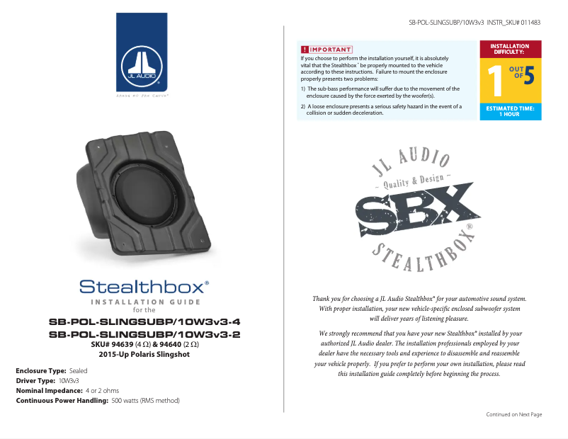 Image de la première page du manuel de l'appareil Stealthbox SB-POL-SLINGSUBP/10W3v3-2