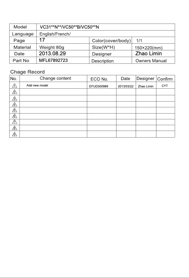 Page 1 de la notice Manuel utilisateur LG VC2321RO