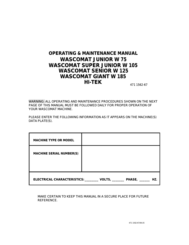 Page 1 de la notice Manuel utilisateur Wascomat Super Junior W 105