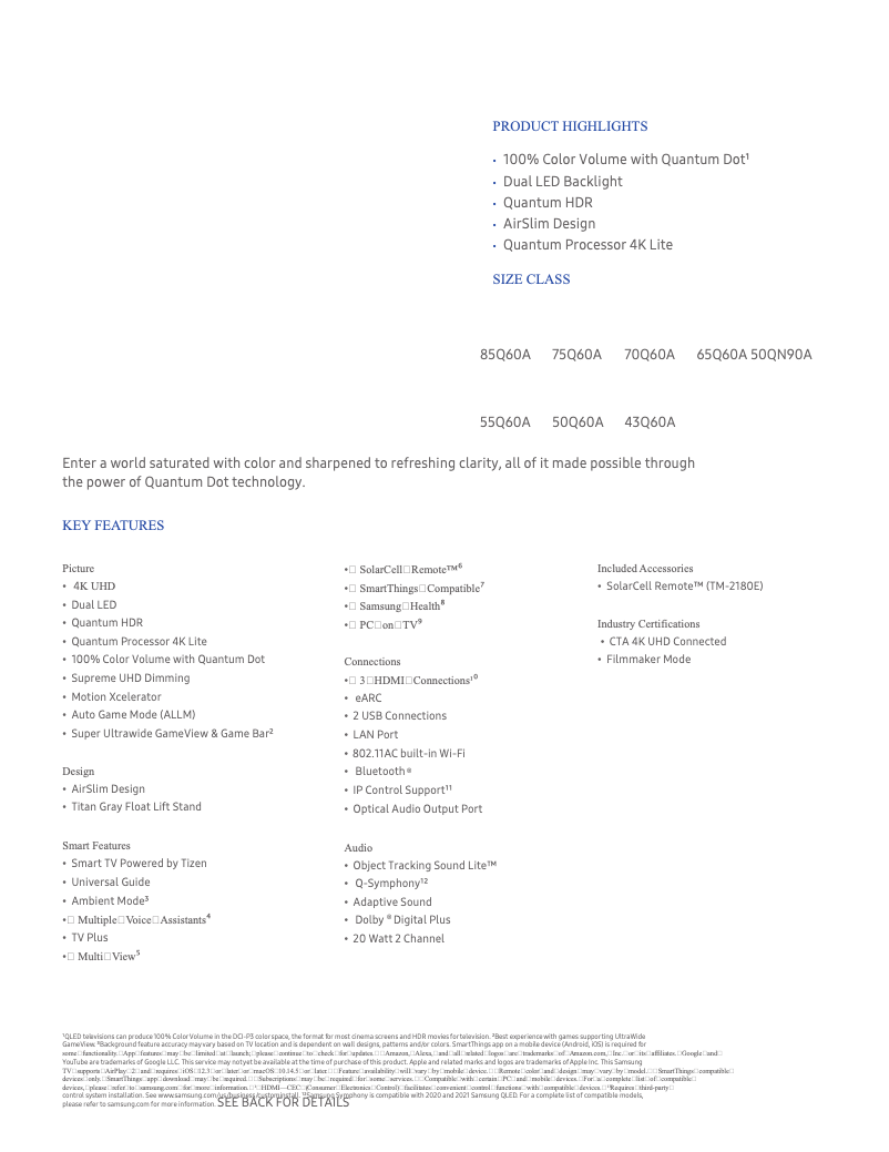 Page 1 de la notice Fiche technique Samsung QN75Q60A