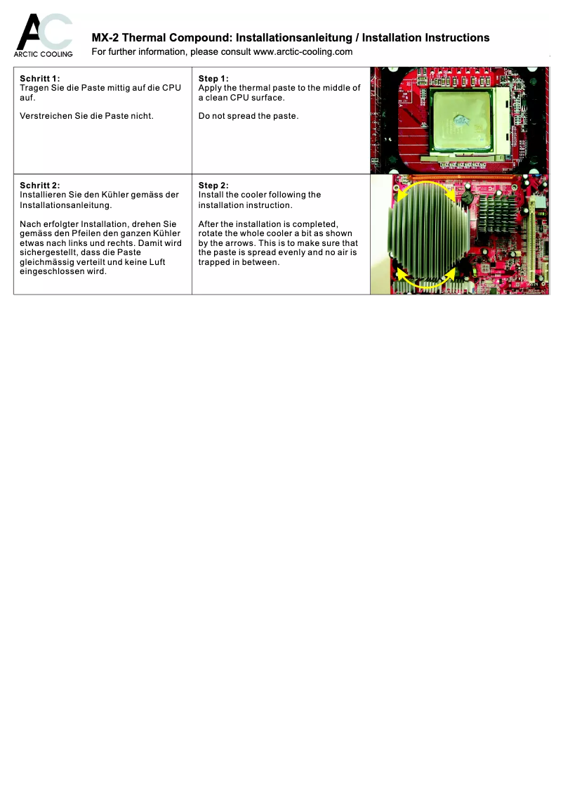 Page 1 de la notice Manuel utilisateur Arctic Cooling MX-2