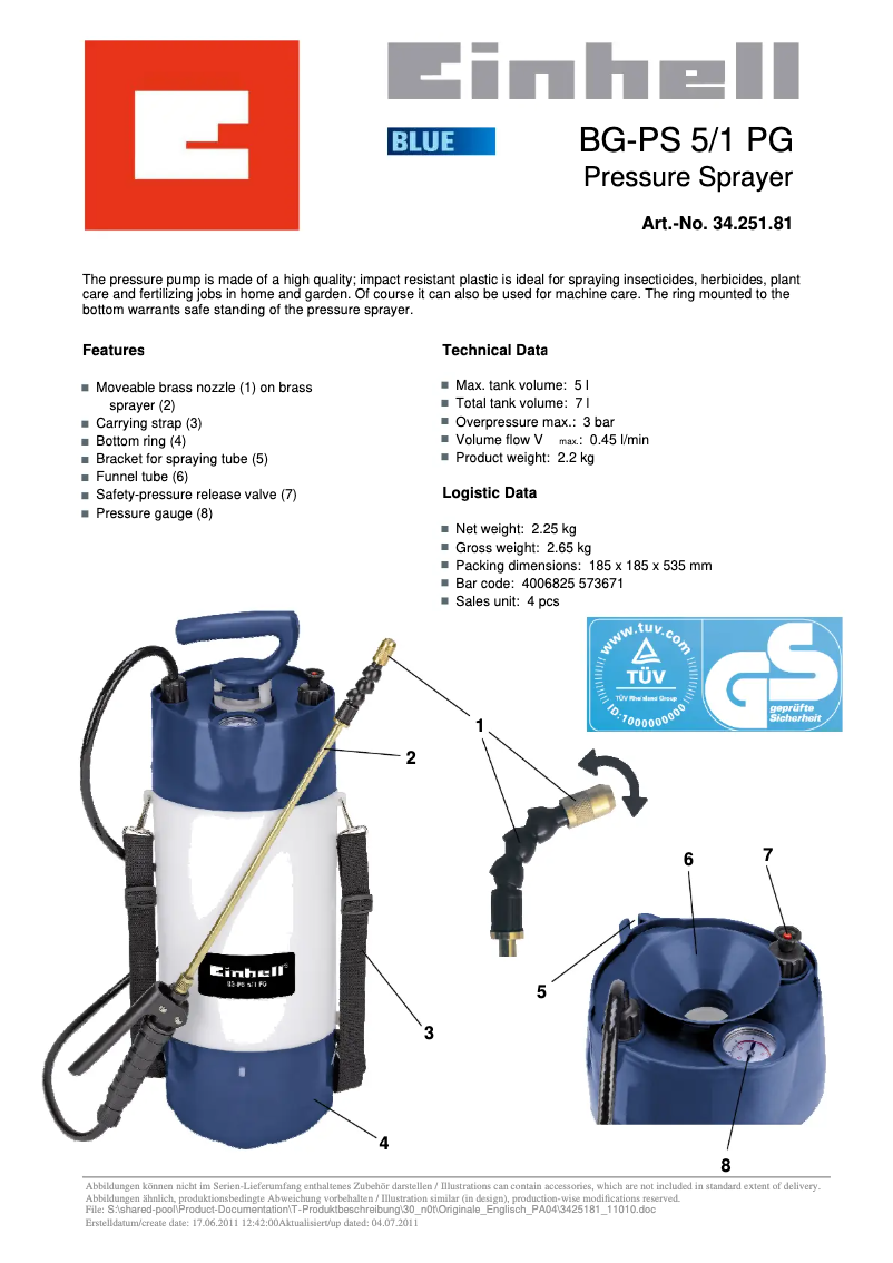 Page 1 de la notice Manuel utilisateur Einhell BG-PS 5/1 PG