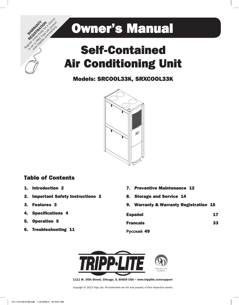 Page 1 de la notice Manuel utilisateur Tripp Lite SmartRack SRCOOL33K