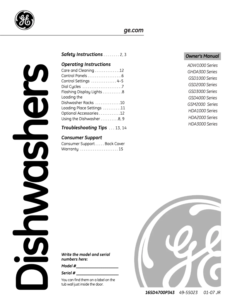 Page 1 de la notice Manuel d'utilisation et d'entretien GE GSD2000JCC