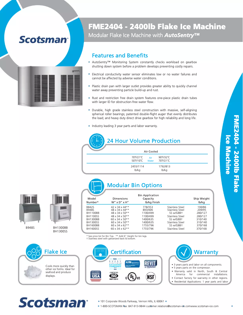 Page 1 de la notice Fiche technique Scotsman FME2404AS-32