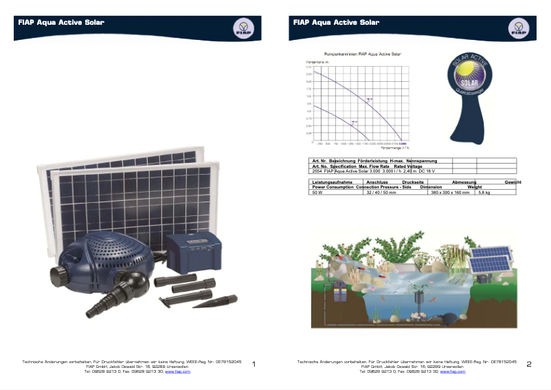 Imagen de la primera página del manual del dispositivo Aqua Active Solar 3.000