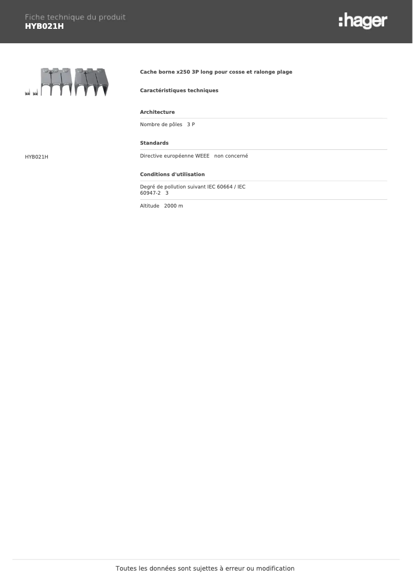 Page 1 de la notice Fiche technique Hager HYB021H