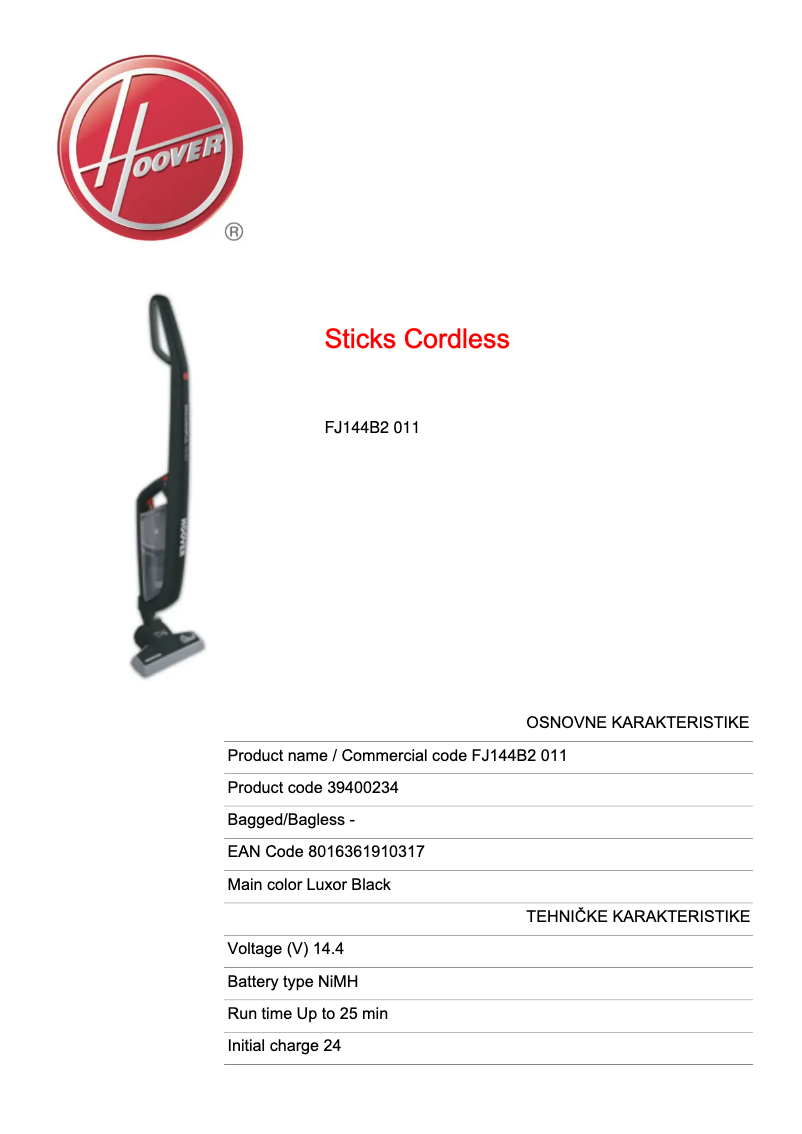 Page 1 de la notice Manuel utilisateur Hoover FREEJET 2IN1 FJ144B2 011