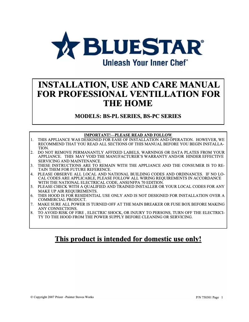 Page n°1 - Manuel utilisateur BlueStar PY060MLCF