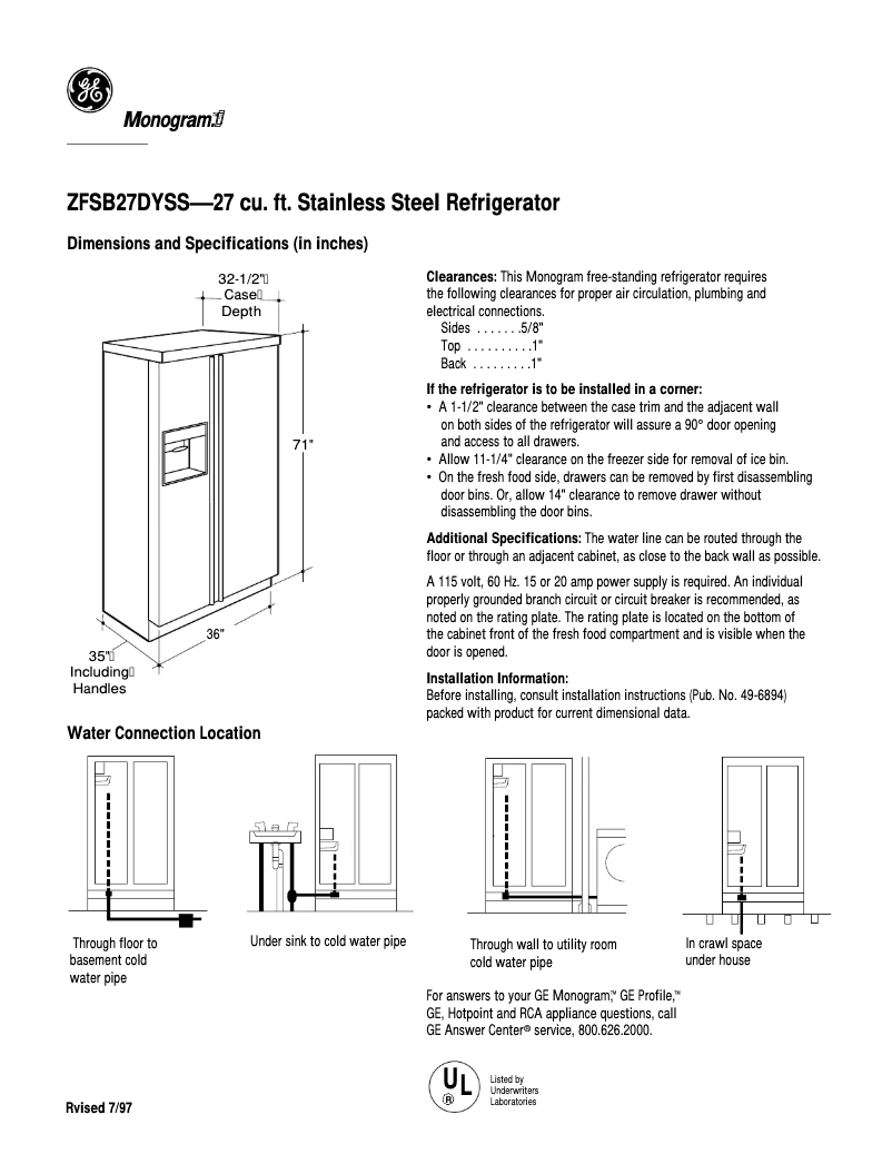 Page 1 de la notice Fiche technique GE ZFSB27DYSS
