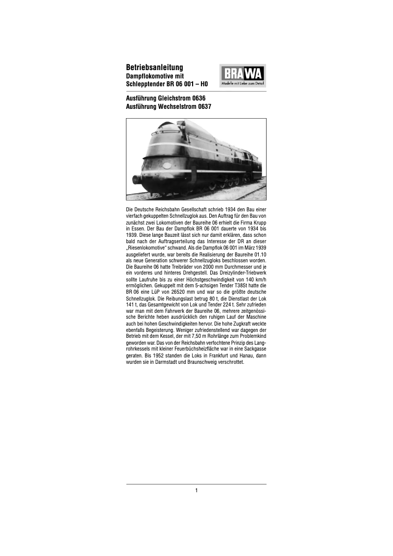 Page 1 de la notice Manuel utilisateur Brawa 0635 BR 06 001 (HO)