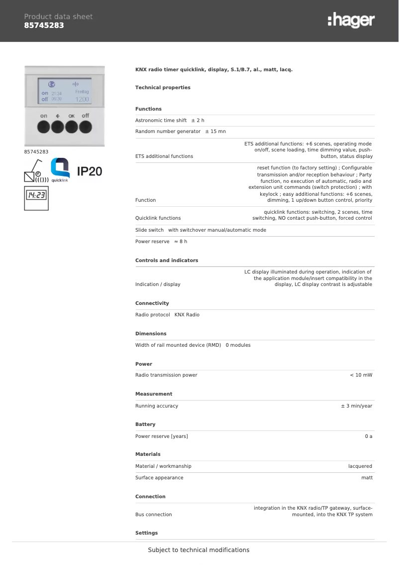 Page 1 de la notice Fiche technique Hager 85745283