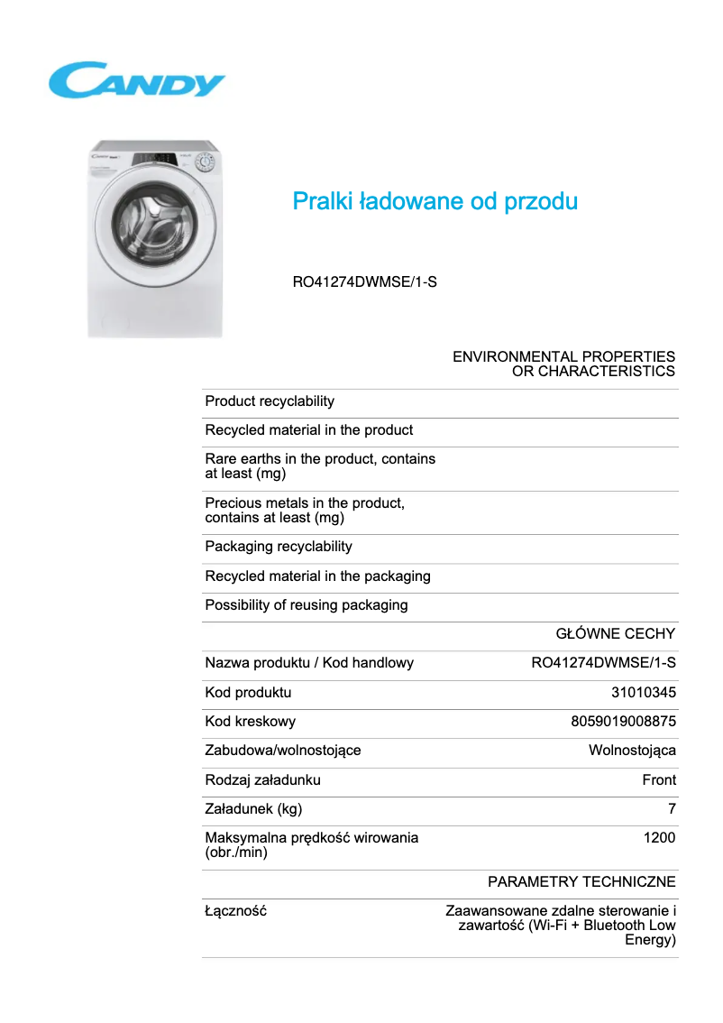 Page 1 de la notice Fiche technique Candy RO41274DWMSE/1-S