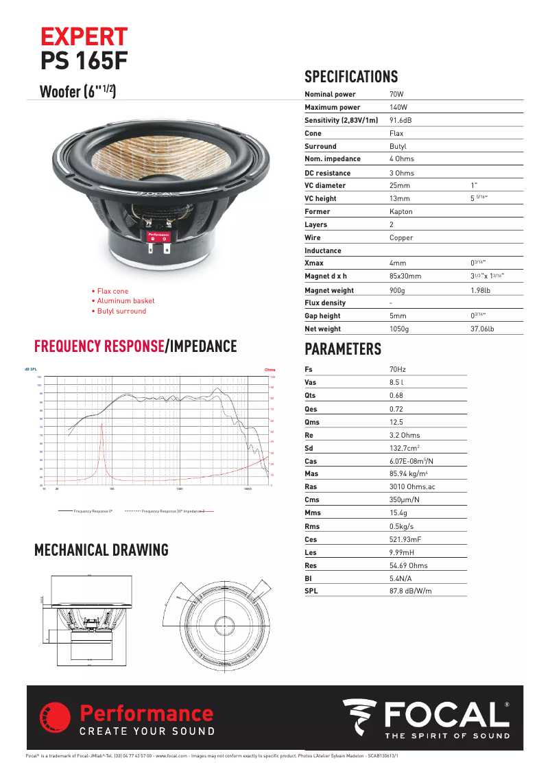 Page 1 de la notice Fiche technique Focal PS 165F