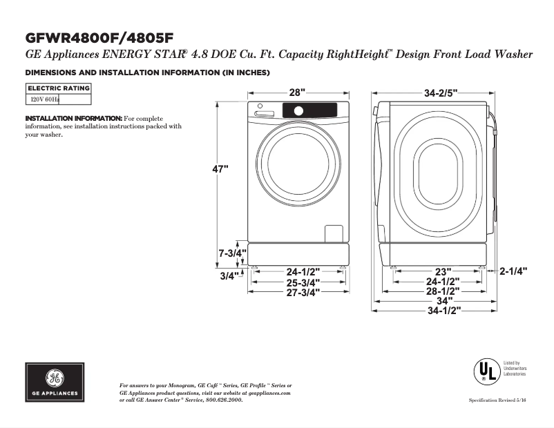 Page 1 of the manual Technical Sheet GE GFWR4805FRR