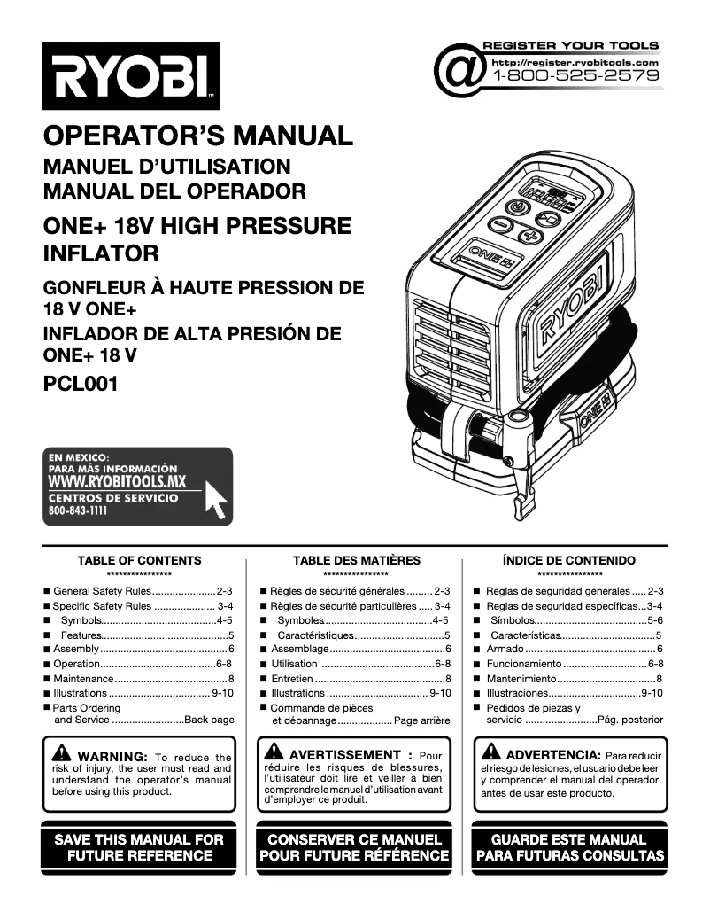 Page 1 de la notice Manuel utilisateur RYOBI One+ PCL001