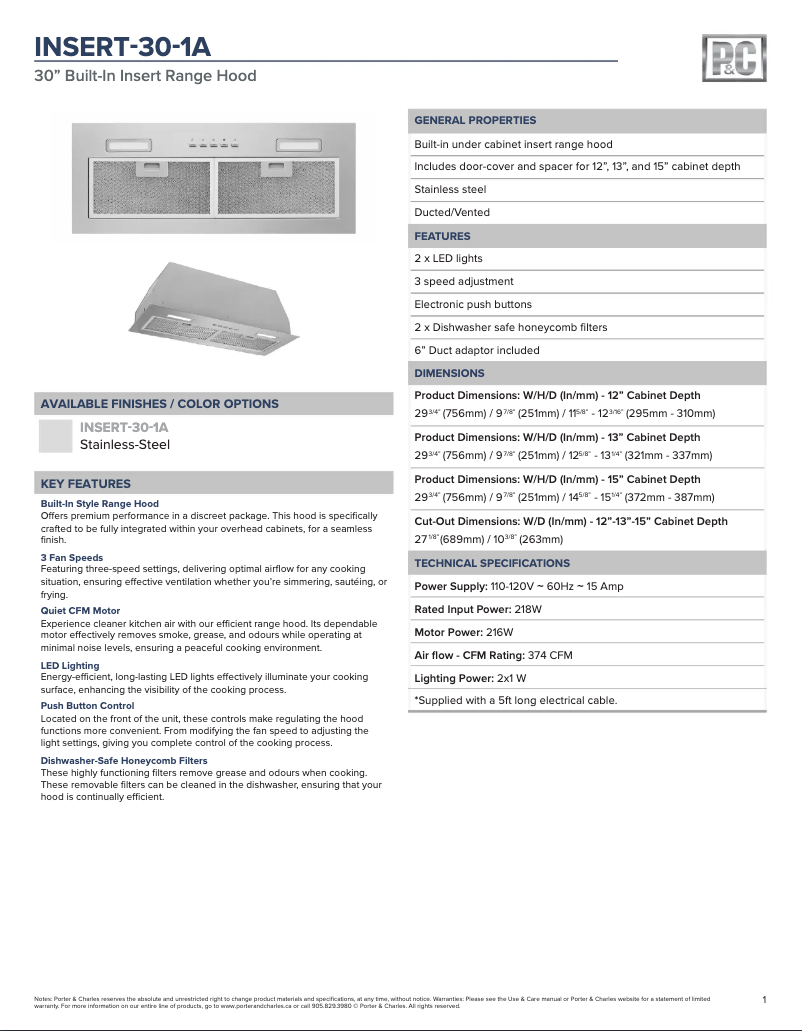 Page 1 de la notice Fiche technique Porter & Charles INSERT-30-1A