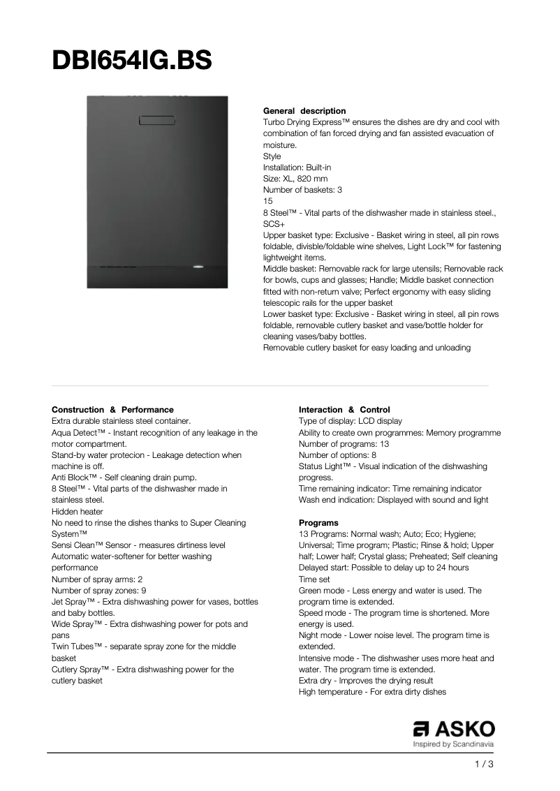 Page 1 de la notice Fiche technique Asko DBI654IG