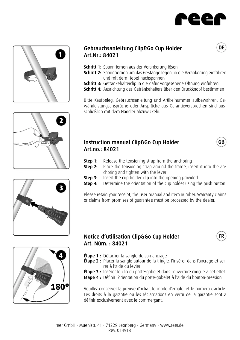 Page 1 de la notice Manuel utilisateur Reer Clip&Go Cup Holder 84021