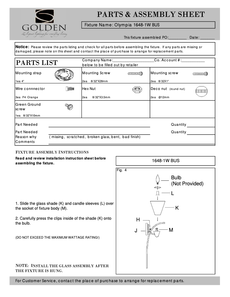 Page n°1 - Manuel utilisateur Golden Lighting Olympia 1648-1W BUS