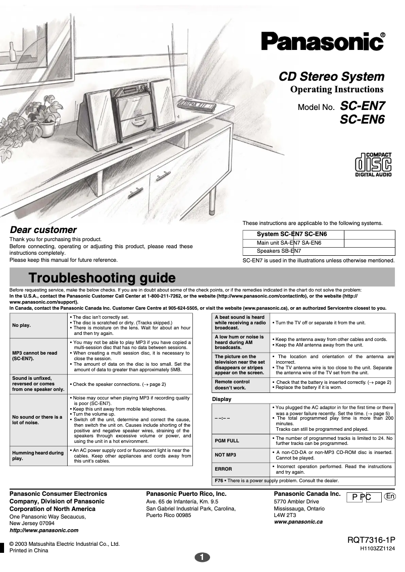 Page n°1 - Manuel utilisateur Panasonic SC-EN6