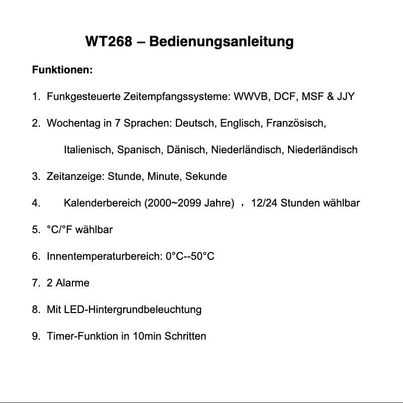 Page 1 de la notice Manuel utilisateur Techno Line WT 268