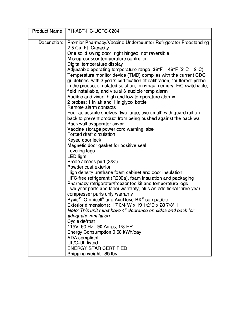 Page 1 de la notice Fiche technique American BioTech Supply PH-ABT-HC-UCFS-0204