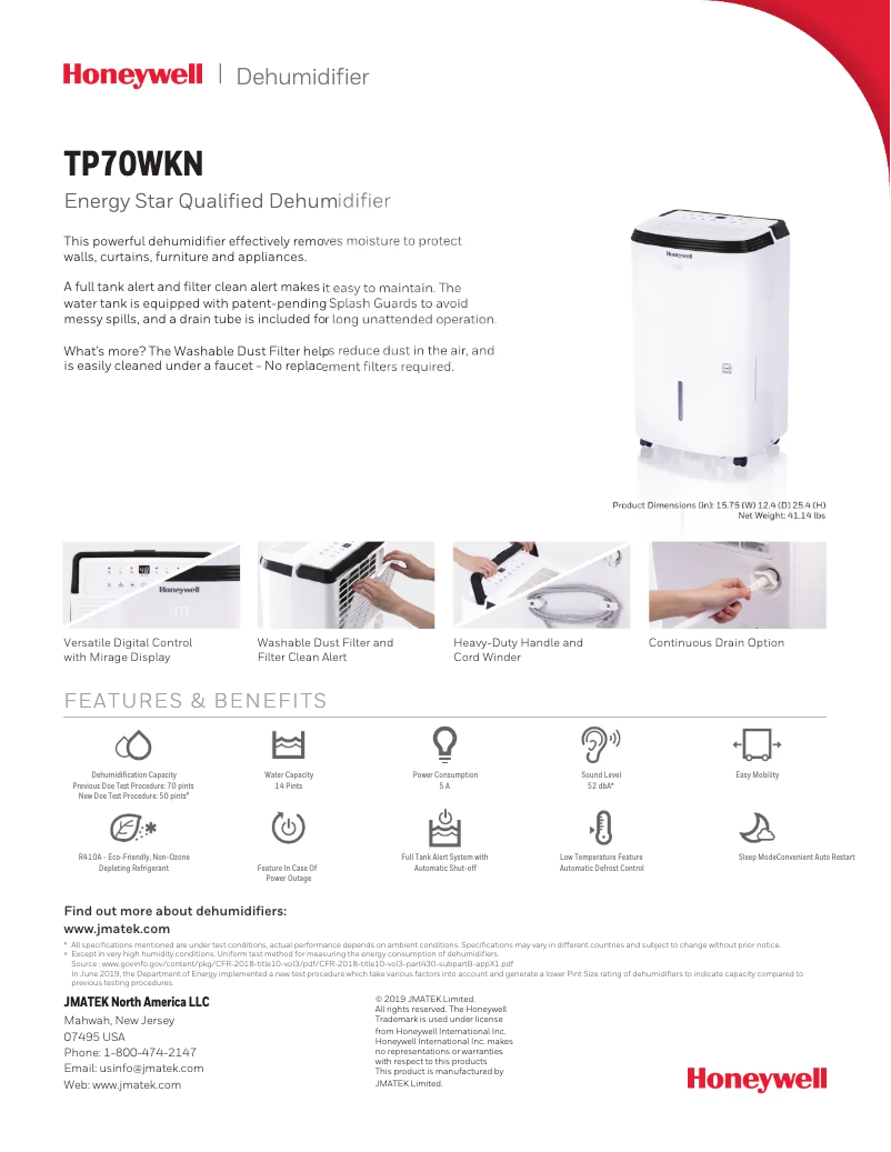 Page n°1 - Fiche technique Honeywell TP70WK