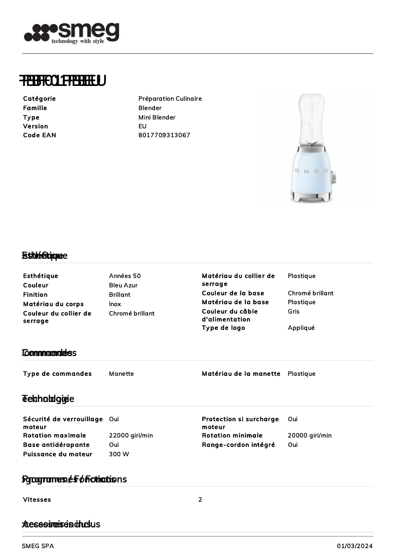 Page 1 de la notice Fiche technique Smeg PBF01