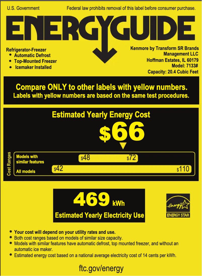 Page 1 de la notice Label énergétique Kenmore 71332