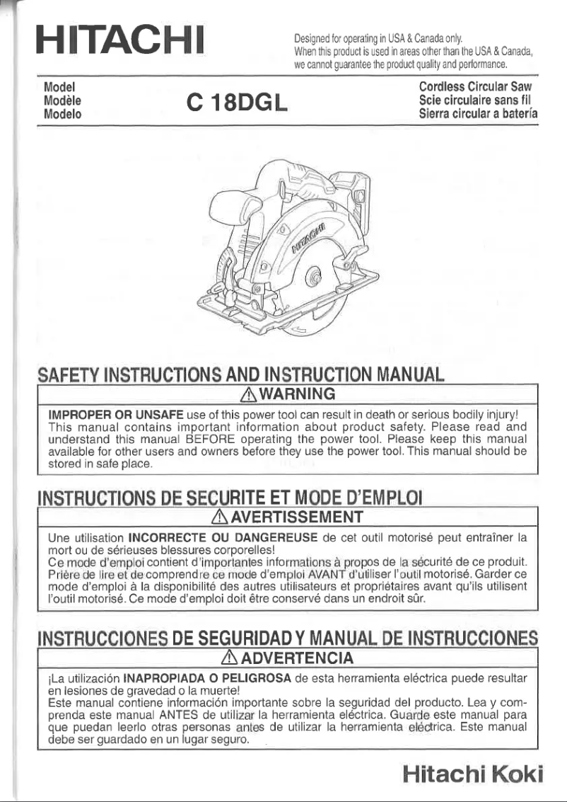Page 1 de la notice Manuel utilisateur Hitachi C 18DGL