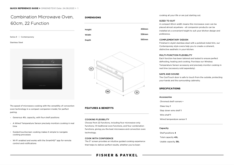 Page 1 de la notice Guide de démarrage rapide Fisher & Paykel OM60NDTDX1