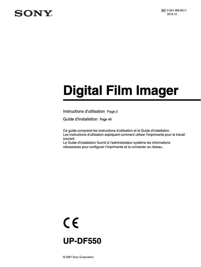 Page 1 de la notice Manuel utilisateur Sony UP-DF550