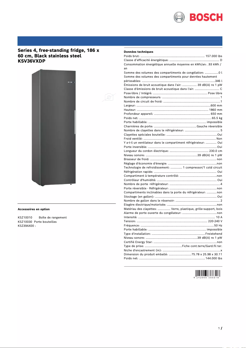 Page n°1 - Fiche technique Bosch KSV36VXDP