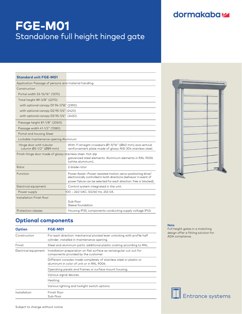 Page n°1 - Manuel utilisateur Dormakaba FGE-M01