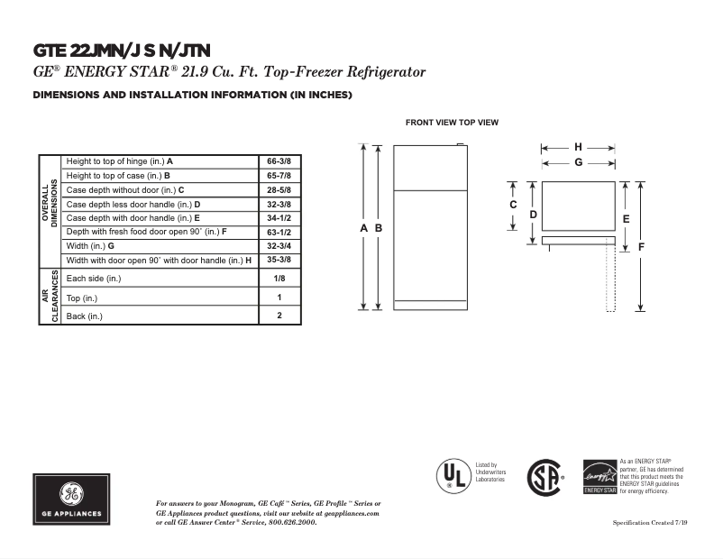 Page 1 of the manual Technical Sheet GE GTE22JMNRES