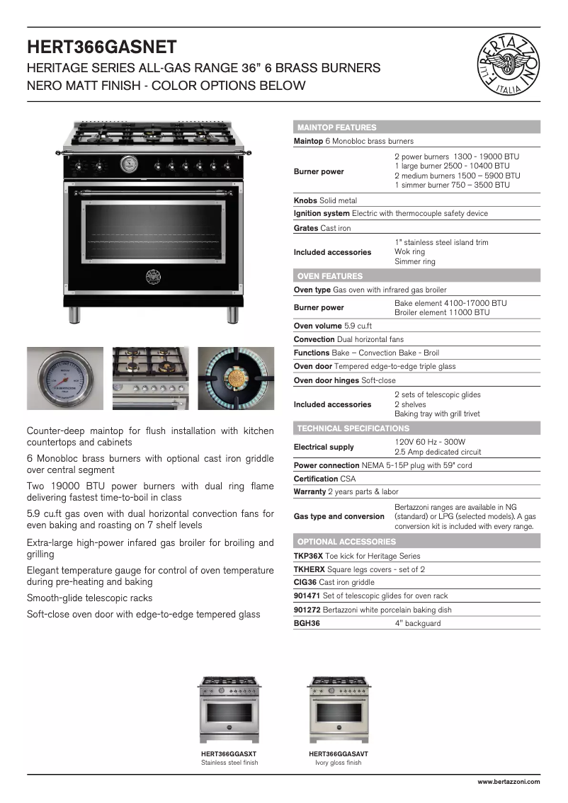 Page 1 de la notice Fiche technique Bertazzoni HERT366GASAVT