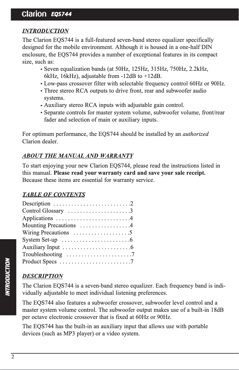 Page 1 de la notice Manuel utilisateur Clarion EQS744