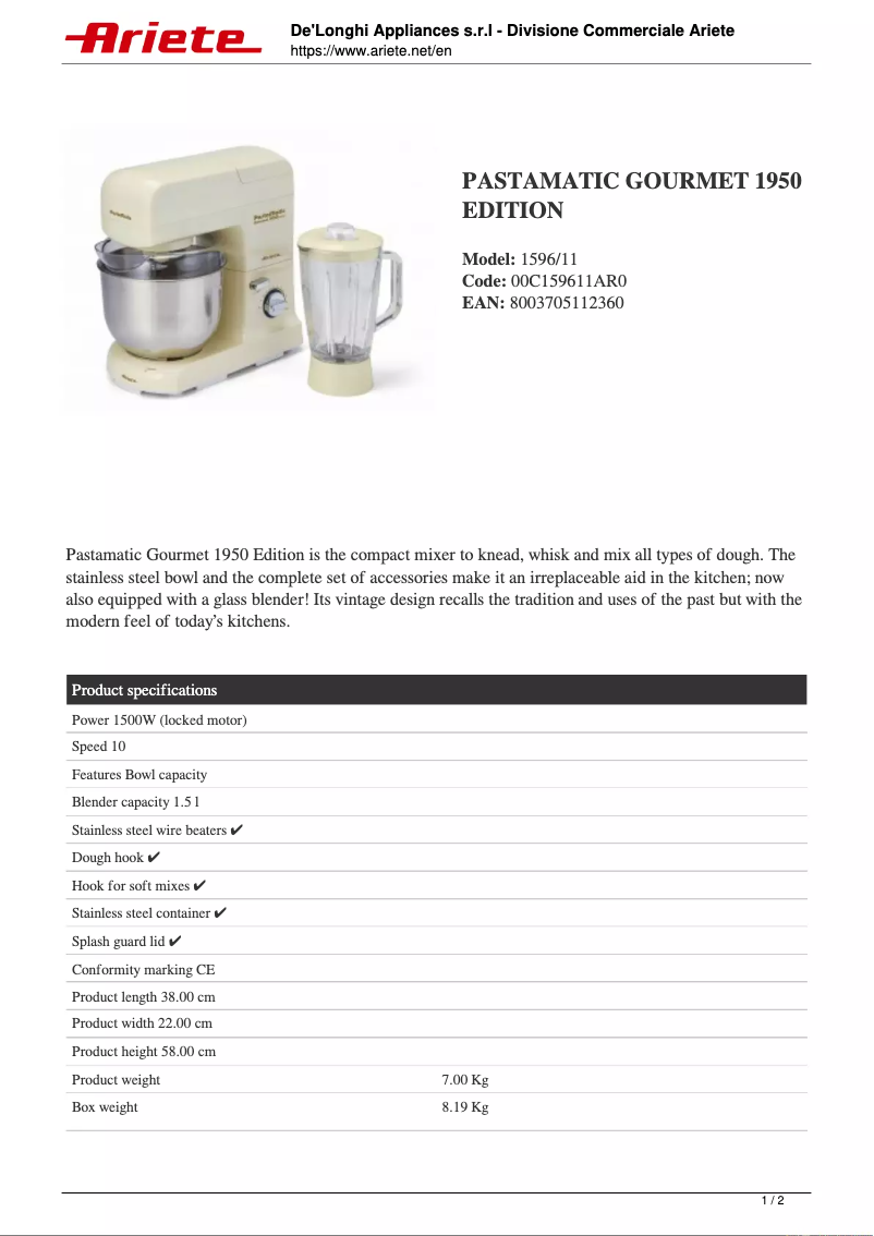 Page 1 de la notice Fiche technique Ariete Gourmet Mix&Blend 1596