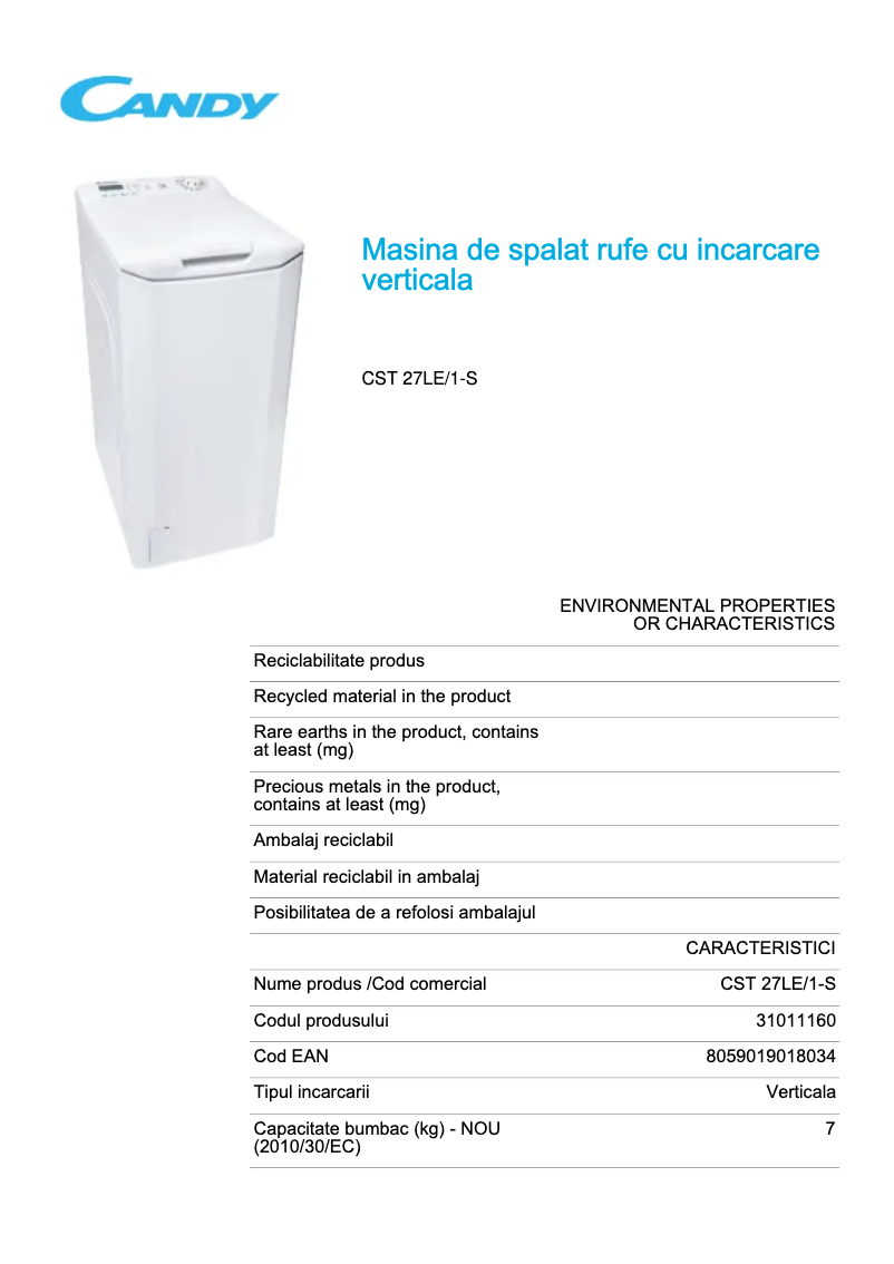 Page 1 de la notice Fiche technique Candy CST 27LE/1-S